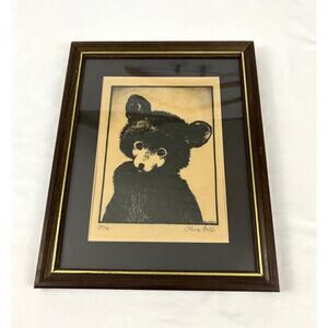 Vintage Olive Fell "Me" Little‎ Cub Bear Framed Art Print Signed Artist